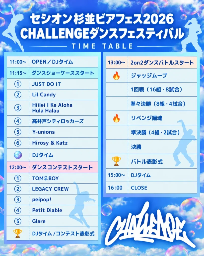 【セシオン杉並ビアフェス2026 × CHALLENGEダンスフェスティバル】タイムテーブル